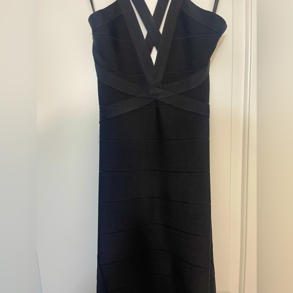 BEBE size L Black bandage mid cross back dress